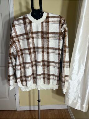 ASOS DESIGN Brown & Cream Plaid Fleece Pullover Sweatshirt | Women’s Size L